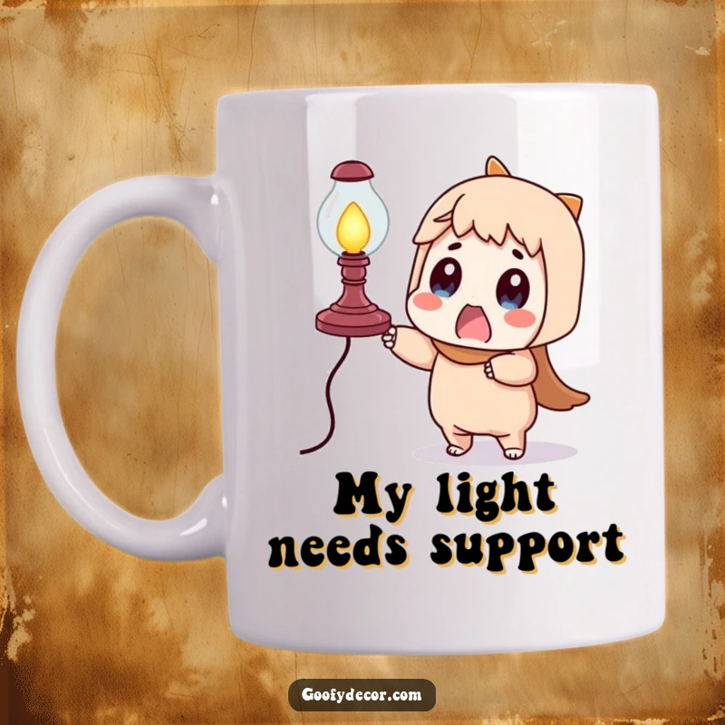 Funny surprised character mug, desperately holding a teetering lamp, conveying hilarious chaos and a need for balance.