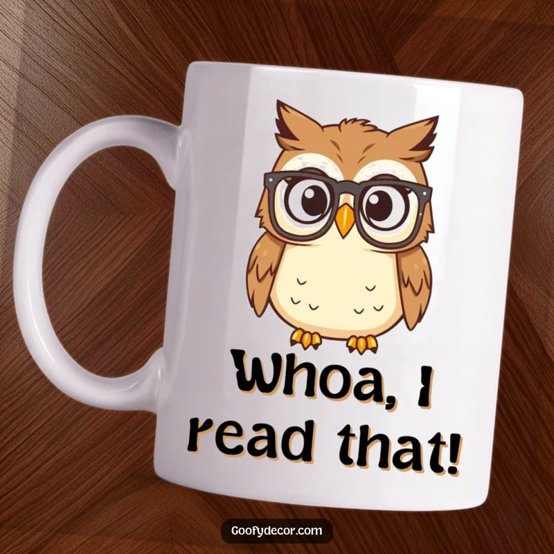 Funny owl with reading glasses, looking surprised and shocked by a book on a coffee mug, perfect humorous gift.