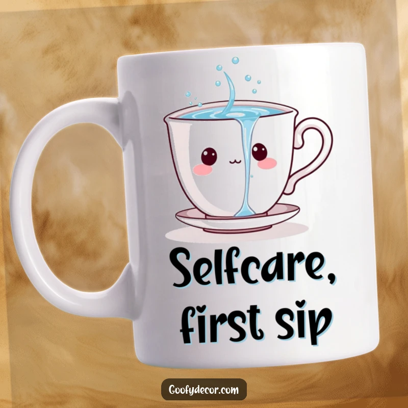 Funny teacup character joyfully pouring a stream of sparkling water into itself, on a mug.
