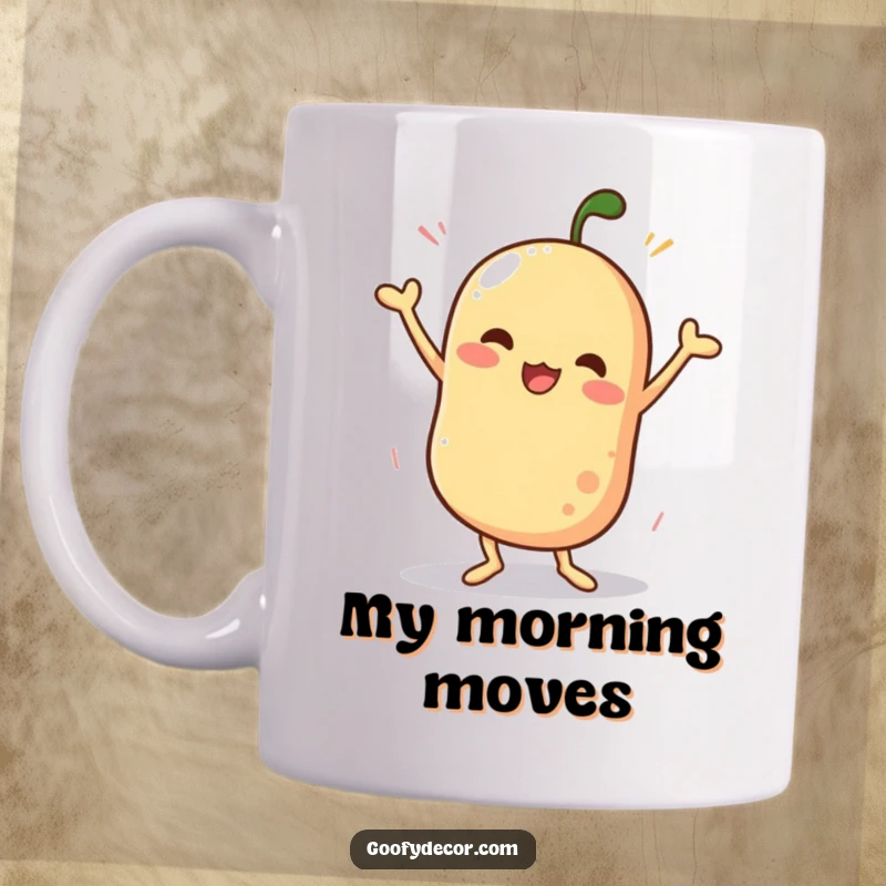 Funny mug featuring a uniquely shaped character enthusiastically performing a silly, wobbly dance with pure joy and comical movement.