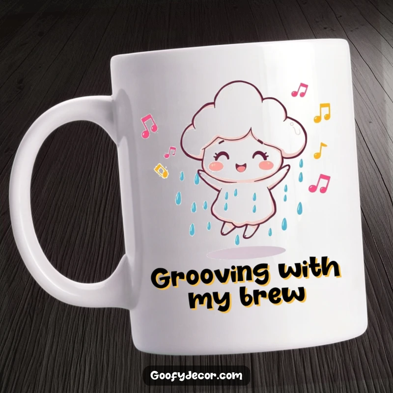 Funny dancing rain cloud mug, happily swaying with musical notes swirling around, bringing a cheerful vibe to any beverage.