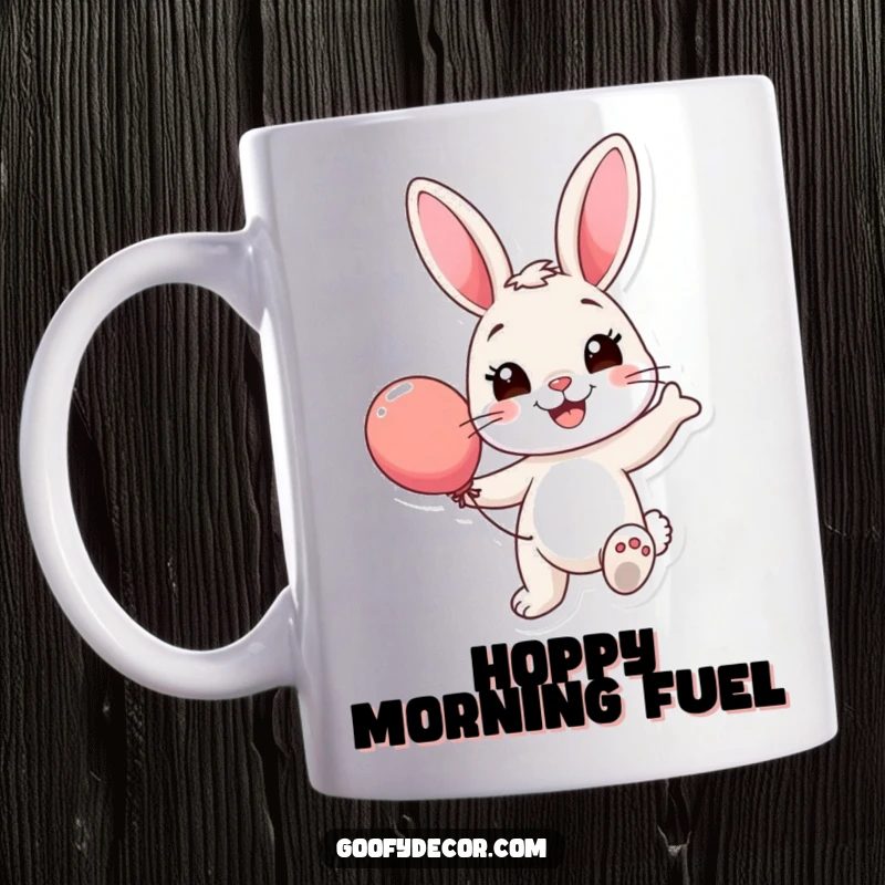 Funny Bunny Balloon Mug: A smiling bunny happily bounces a colorful balloon, radiating pure joy and lightheartedness.