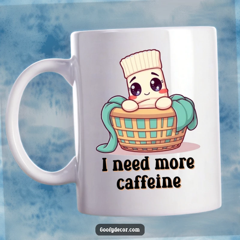 Funny sock character in a laundry basket, wide-eyed with panic, on a ceramic mug.