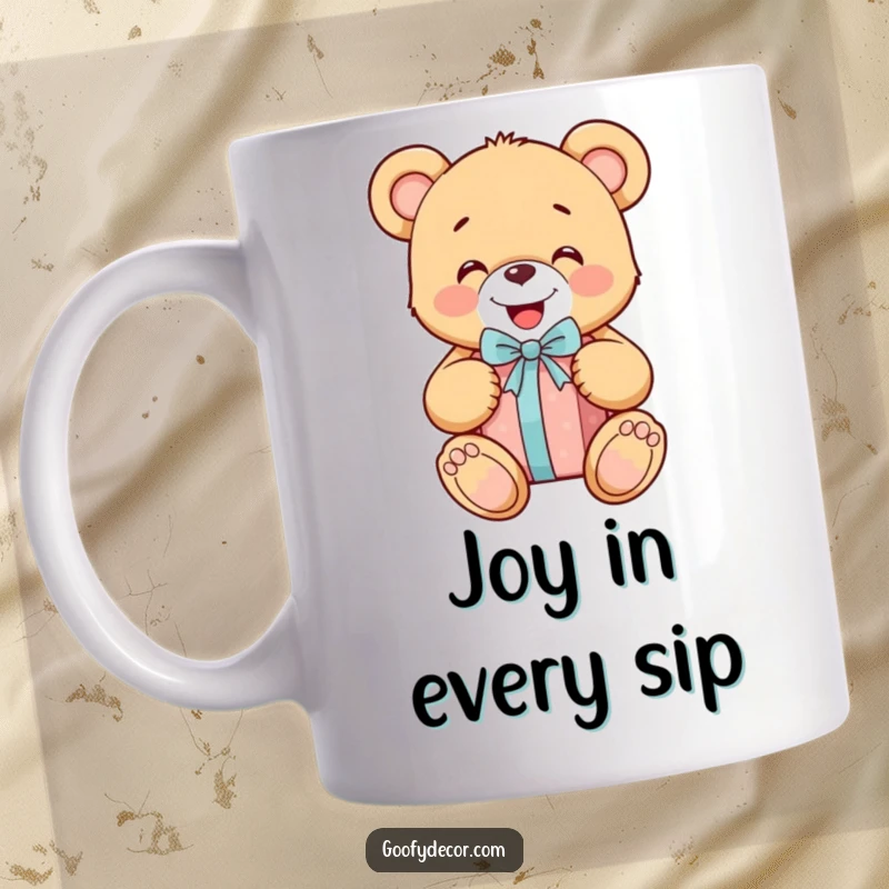 Funny cheerful teddy bear character happily unwrapping a gift with wide-eyed delight, depicted on a joyful mug.