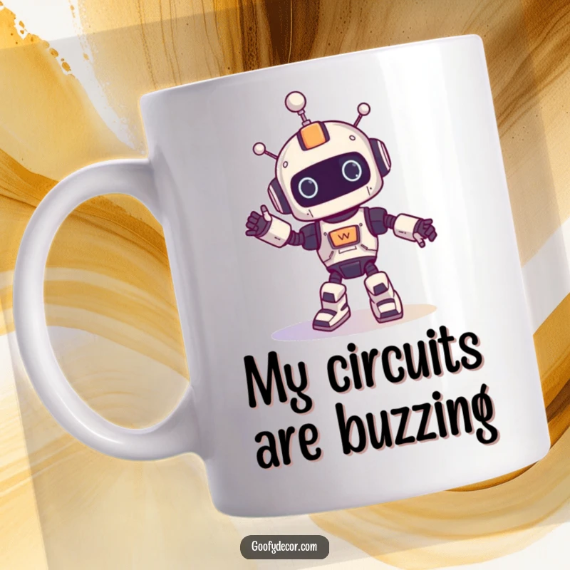 Funny mug featuring a dancing robot character spinning with hilarious, energetic moves, spreading joy and laughter.