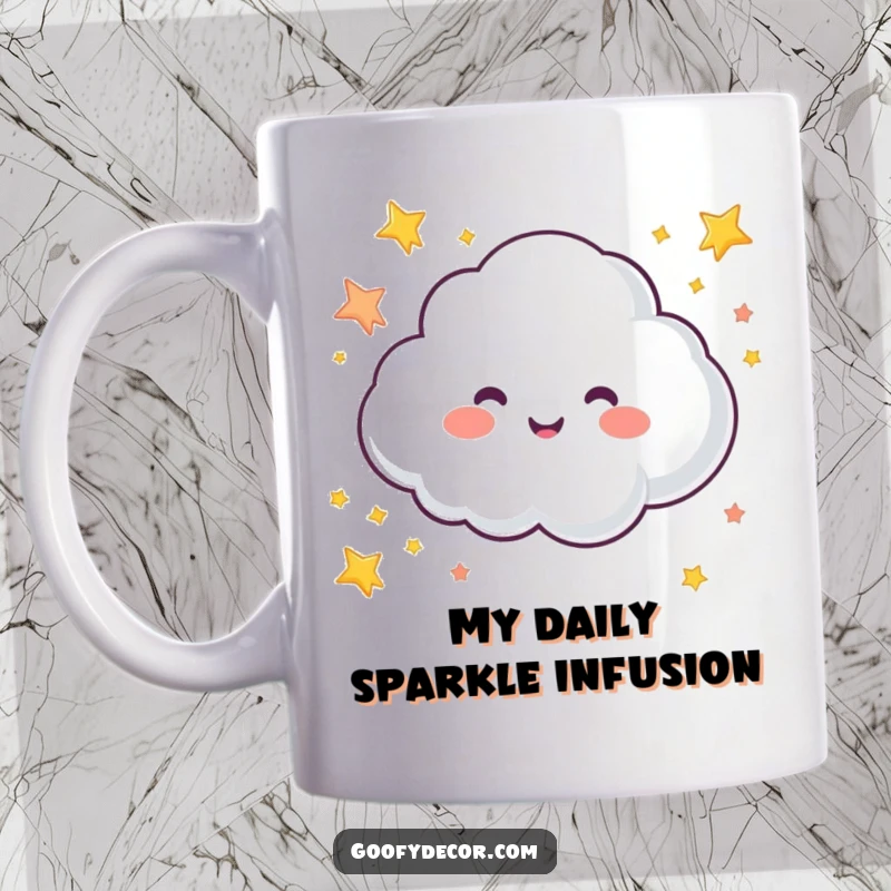 Funny mug featuring a bubbly cloud character joyfully sprinkling colorful stars, spreading happiness and whimsy.