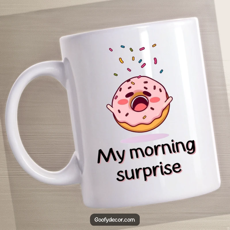 Funny mug depicting a startled donut character with its sprinkles scattering wildly in the air.
