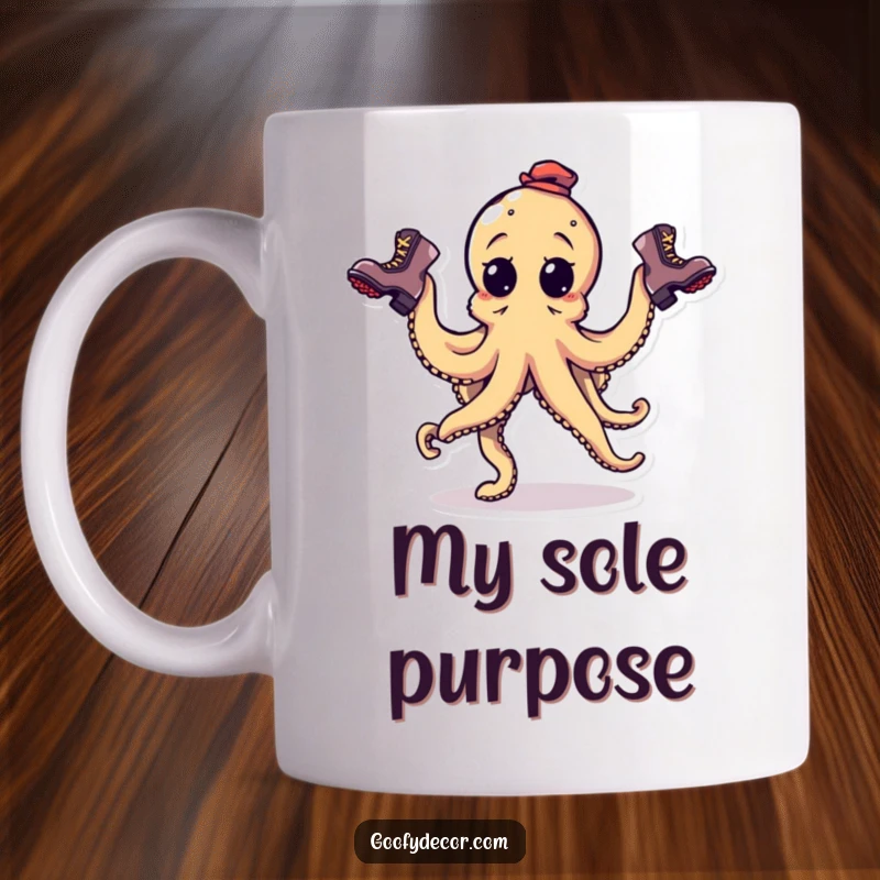 Funny goofy octopus character juggling three mismatched boots on a coffee mug, perfect humorous gift.