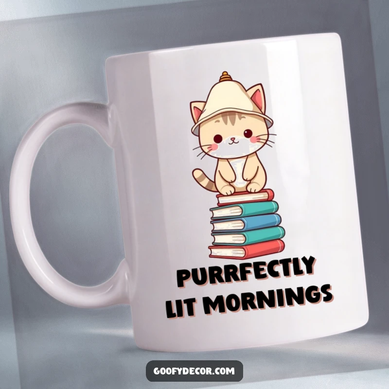 Funny Mug featuring a Kawaii cat character wearing a lampshade as a hat, precariously balancing on a tall stack of books.