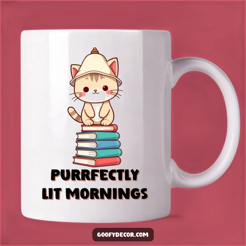 Funny Kawaii Cat Mug - Lampshade Hat Book Balance - Funny Gift