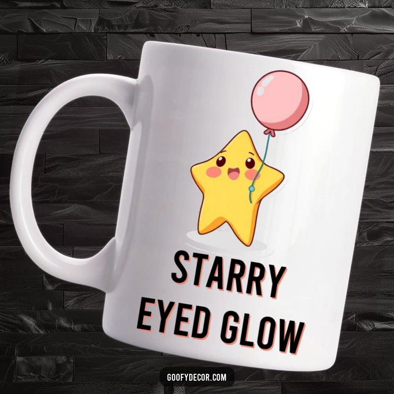 Funny bouncing star character gleefully playing with a colorful balloon, a whimsical and cheerful mug design.