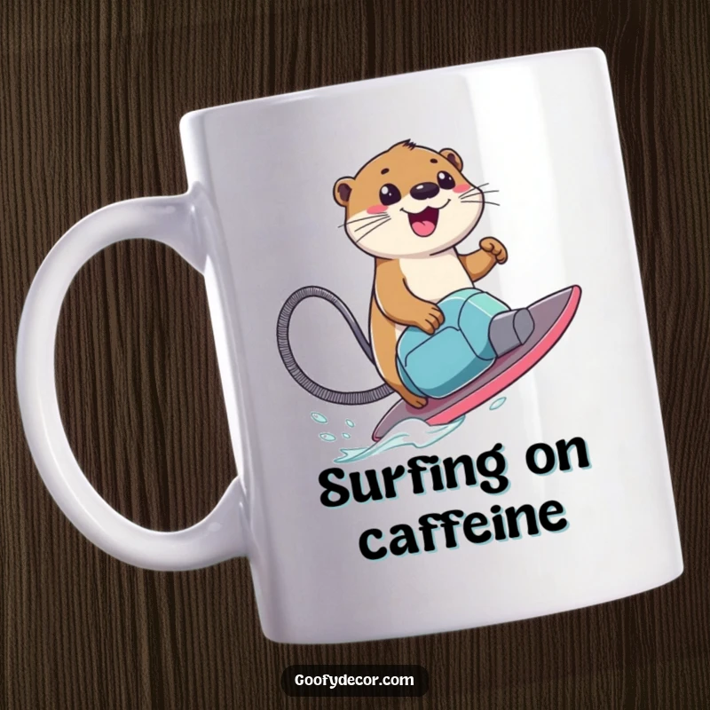 Funny Mug featuring a smiling otter character enthusiastically riding a vacuum cleaner as if it were a surfboard, mid-surf.