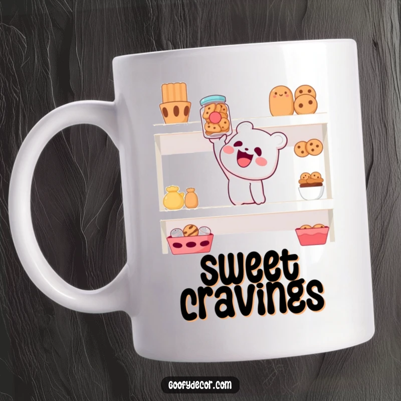 Funny mug depicting a cheerful character reaching for a cookie jar on a high shelf, a relatable snack pursuit.