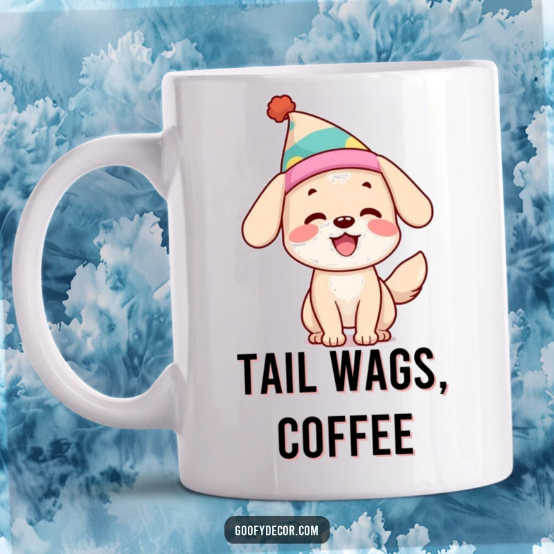 Funny Dog Mug: A happy dog with a wagging tail wears a silly hat, radiating pure joy and canine enthusiasm.
