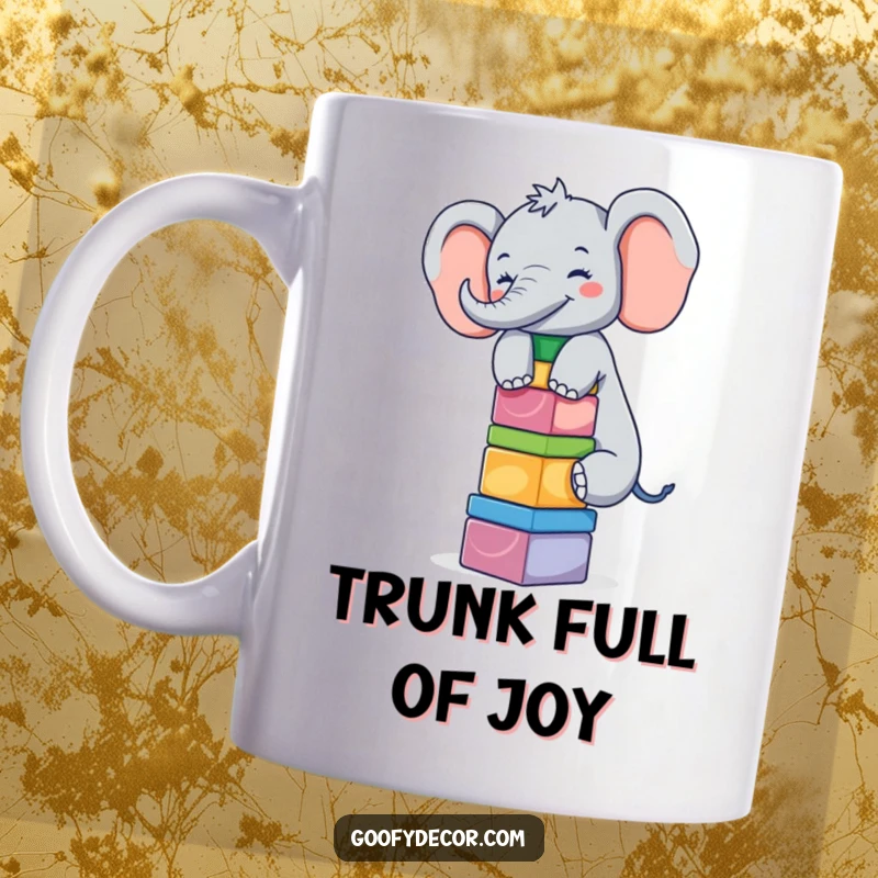 Funny giggling elephant joyfully balancing a tall stack of colorful building blocks, a cheerful mug design.