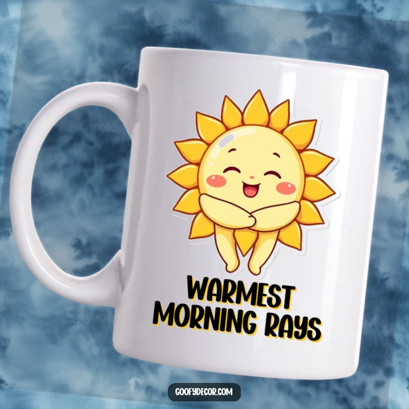 Funny cheerful sun character giving a big, warm hug, depicted on a mug for radiating happiness.