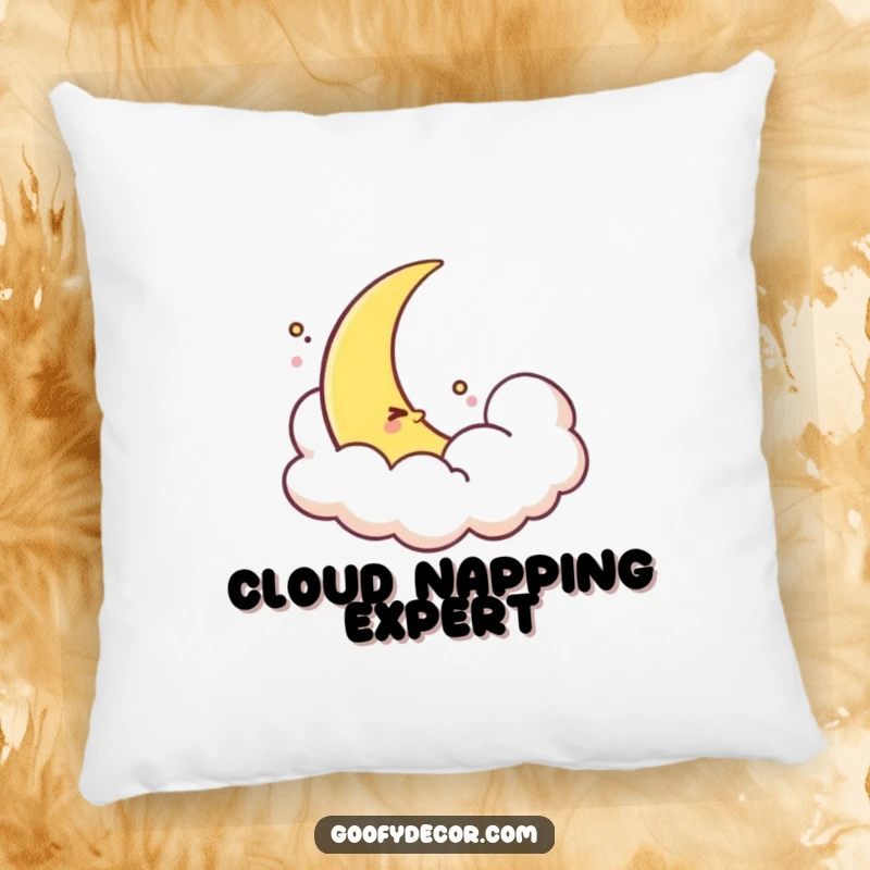Funny shy moon pillow featuring a timid crescent moon peeking from a cloud, soft and perfect for adding gentle charm to any couch or bed.