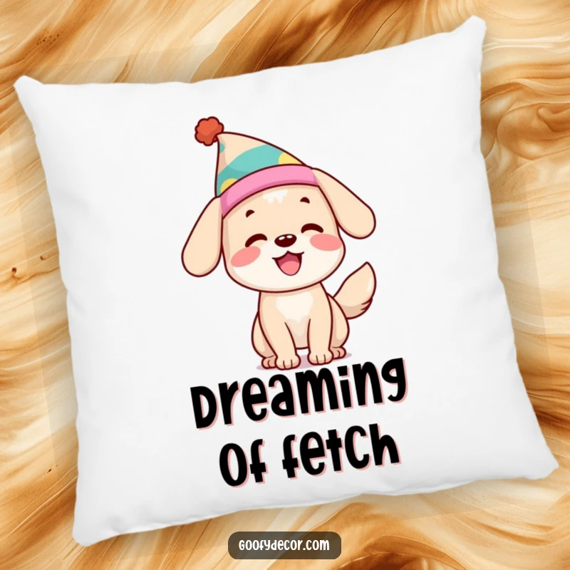 Funny Dog Pillow: A soft pillow featuring a happy dog with a wagging tail and a silly hat, offering comfort and cheer.