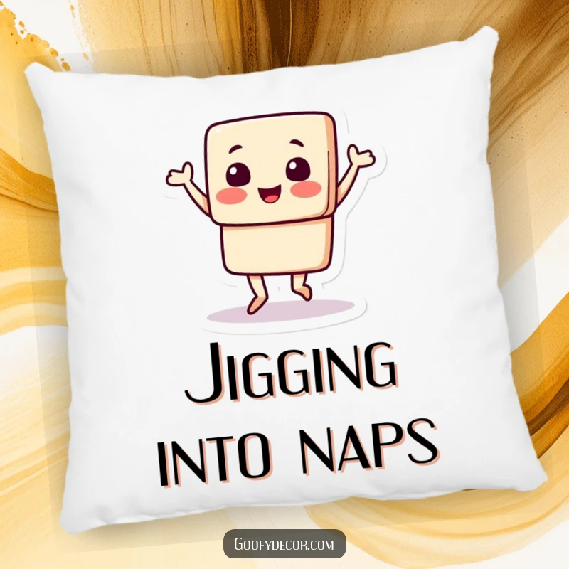 Funny pillow with a square character happily doing a jig, offering comfort and a visual reminder of infectious joy and playful energy.