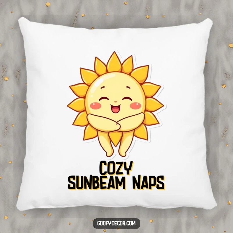 Funny cheerful sun character giving a big, warm hug, featured on a soft pillow for cozy warmth and comfort.