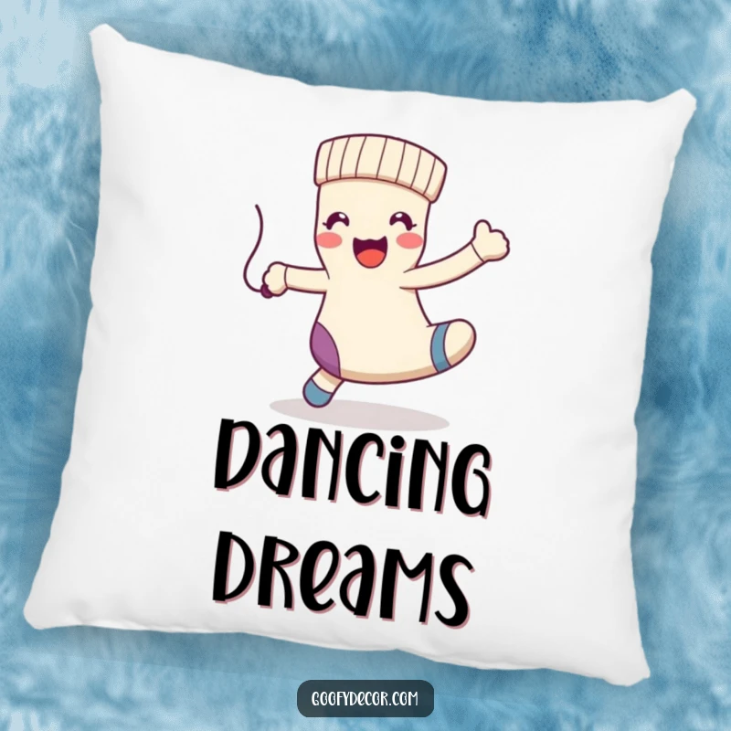 Funny kawaii happy sock character dancing playfully with a dangling string, on a soft pillow.