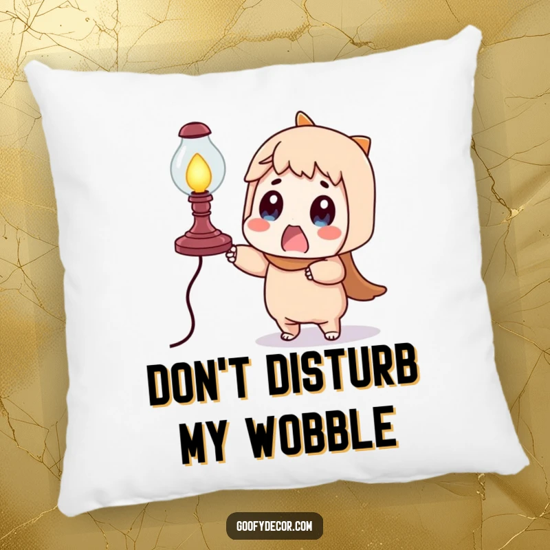 Funny surprised character pillow, showcasing a humorous moment of shock while holding a wobbly, precarious lamp.