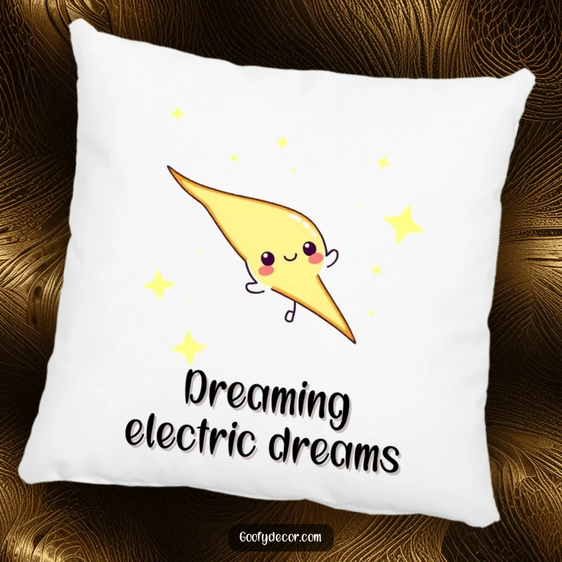 Funny lightning bolt character against a starry sky, featured on a soft pillow, adding cosmic comfort and fun.