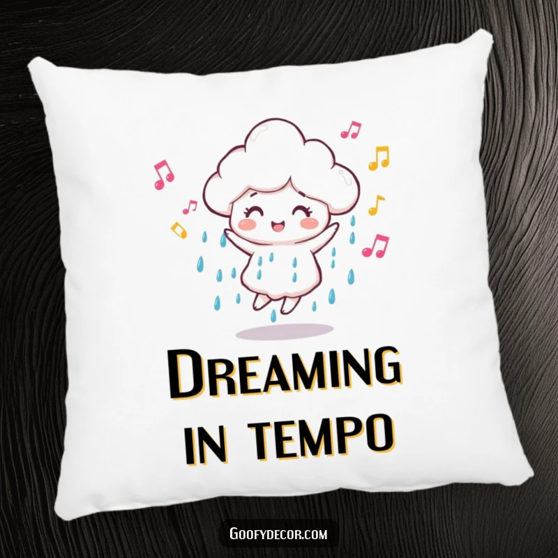 Funny dancing rain cloud pillow featuring a happy cloud character surrounded by musical notes, soft and perfect for adding cozy musical vibes.