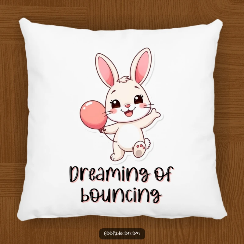 Funny Bunny Balloon Pillow: A soft pillow featuring a smiling bunny happily bouncing a colorful balloon, perfect for comfort and decor.