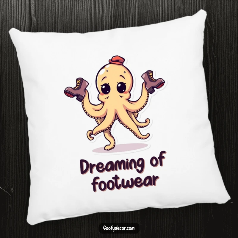 Funny goofy octopus character juggling three mismatched boots on a decorative pillow, adding quirky comfort.