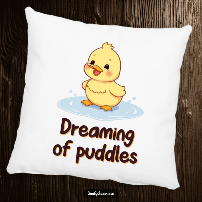 Funny duckling pillow showing a happy duckling mid-splash in a puddle, designed for comfort and comic relief.