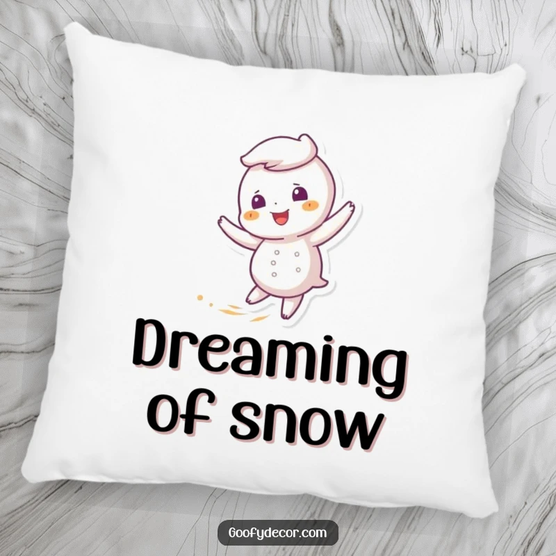 Funny pillow showcasing a giggling snowflake character doing a joyful twirl in a soft, delicate breeze.