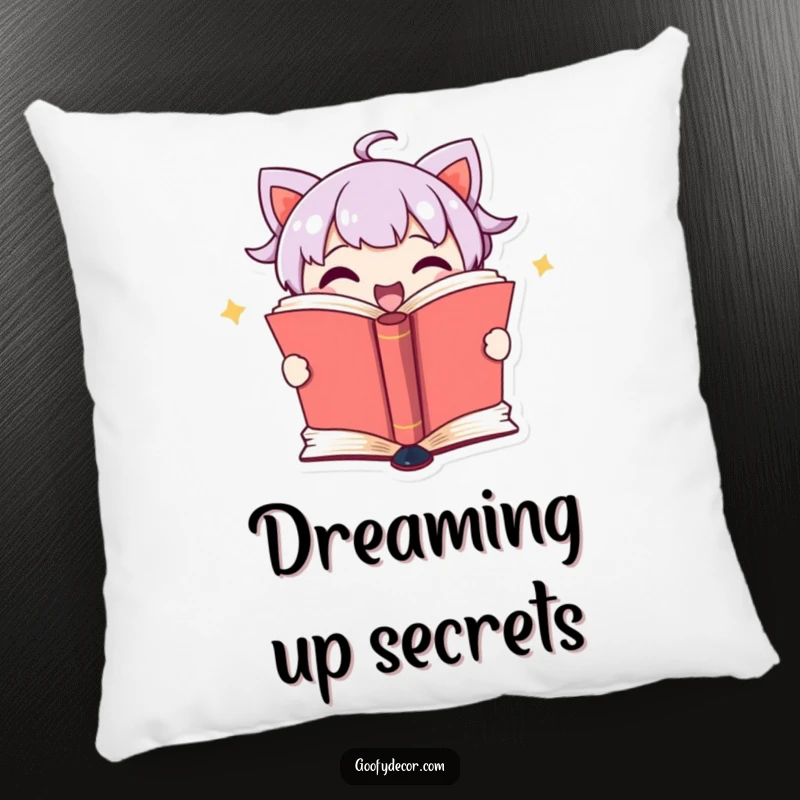 Funny pillow featuring a cute book character excitedly opening its pages to reveal a secret, perfect for a cozy reading nook.