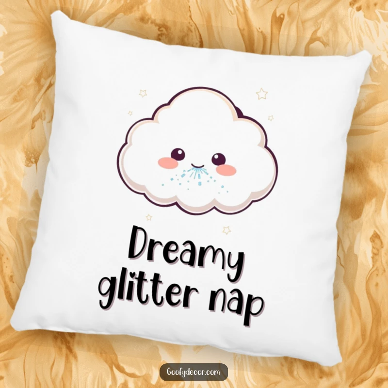 Funny, plush pillow depicting a kawaii cloud character sneezing glitter, offering comfort and enchanting charm.