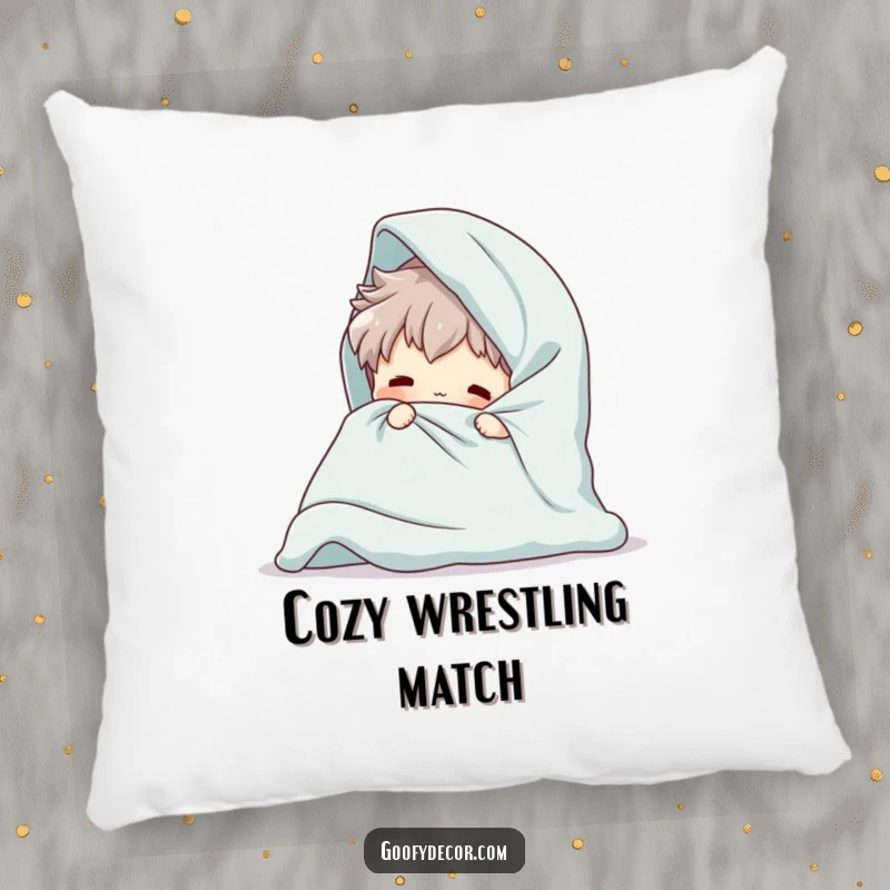 Funny Giant Blanket Pillow featuring a playful character comically attempting to fold a giant blanket, designed for comfort and amusement.