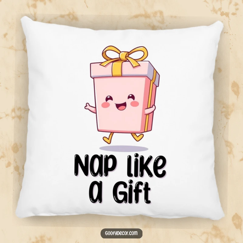 Funny kawaii smiling gift box character doing a joyful skip, on a soft and plush pillow.