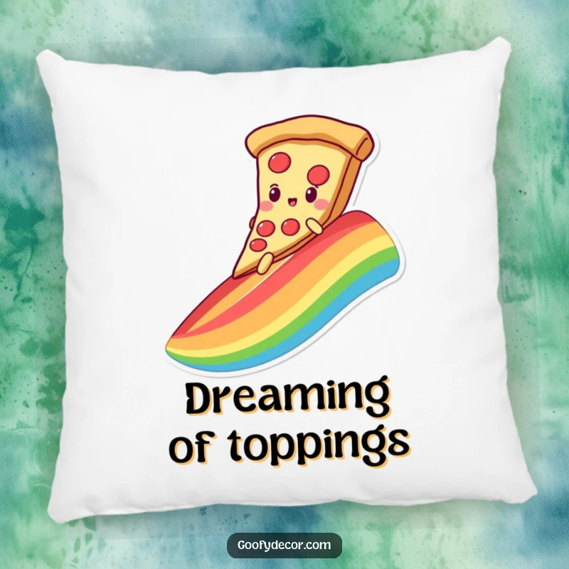 Funny, plush pillow depicting a kawaii pizza character sliding down a rainbow on its slice, offering comfort and tasty charm.