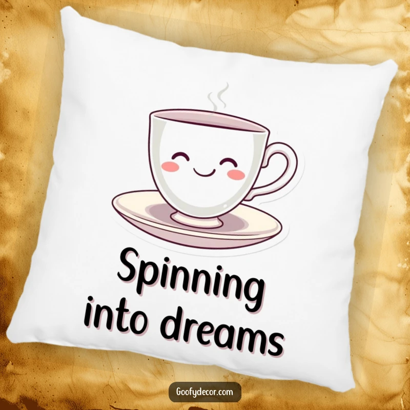 Funny Kawaii Teacup Pillow featuring a smiling kawaii teacup character happily spinning on its saucer, designed for comfort and a joyful touch.