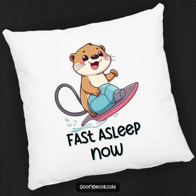 Funny Pillow featuring a smiling otter character riding a vacuum cleaner like a surfboard, perfect for adding a touch of whimsy.