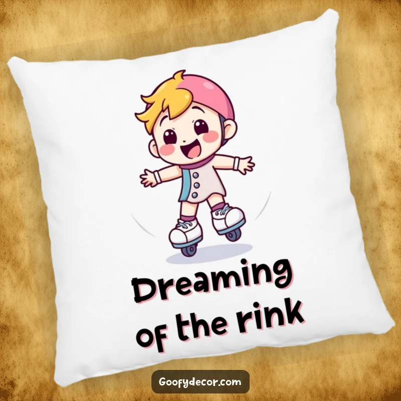 Funny pillow featuring a happy roller skate character spinning, offering cozy comfort and a theme of energetic fun.