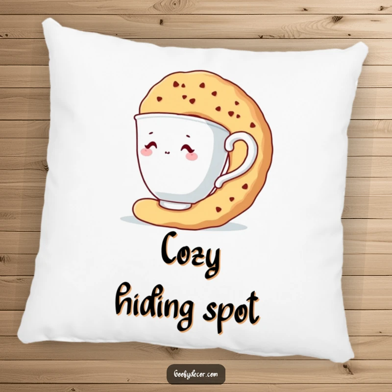 Funny pillow featuring a shy teacup character hiding behind a large biscuit.
