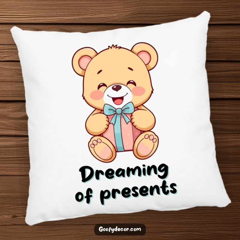 Funny cheerful teddy bear cushion happily unwrapping a gift, offering comfort and a dose of pure, heartwarming joy.