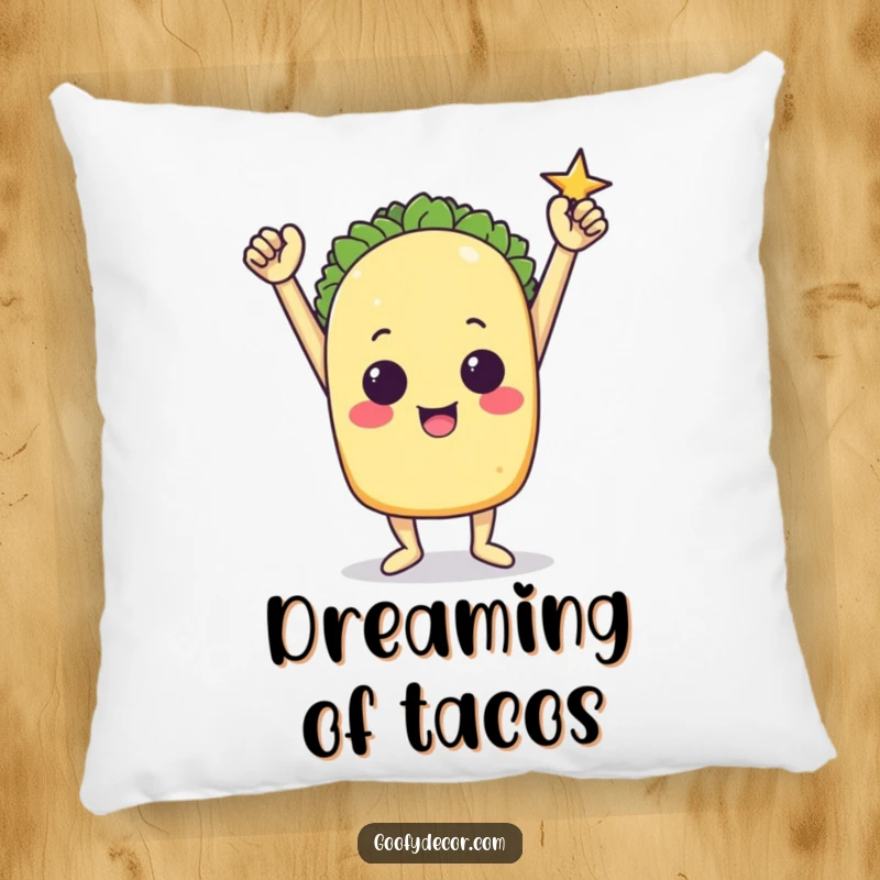 Funny pillow featuring a triumphant taco character striking a proud victory pose.