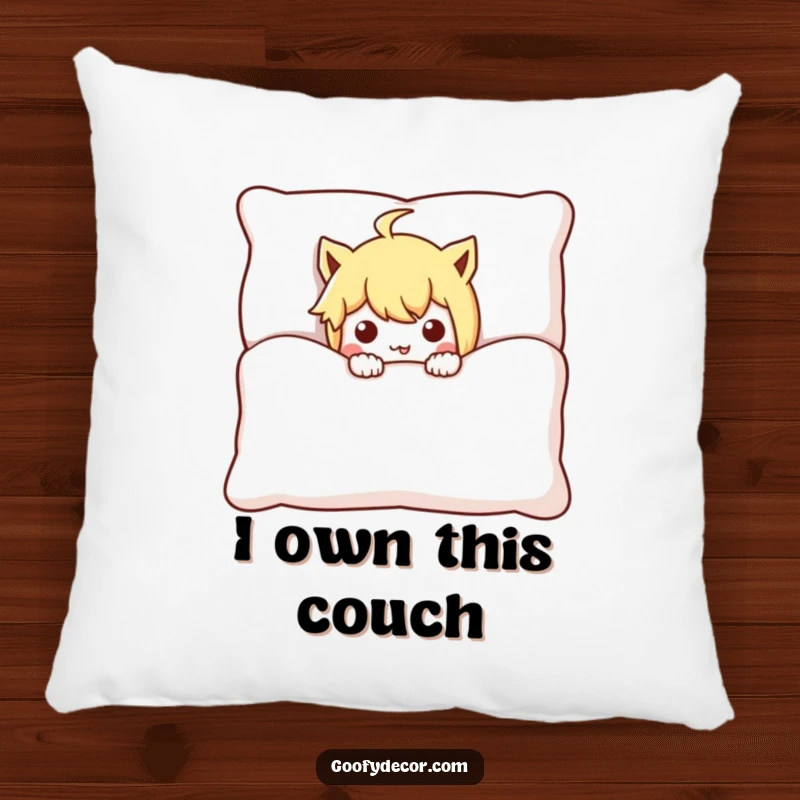 Funny mischievous character pillow, comically peeking from behind a large cushion, bringing playful secrets and cozy humor.