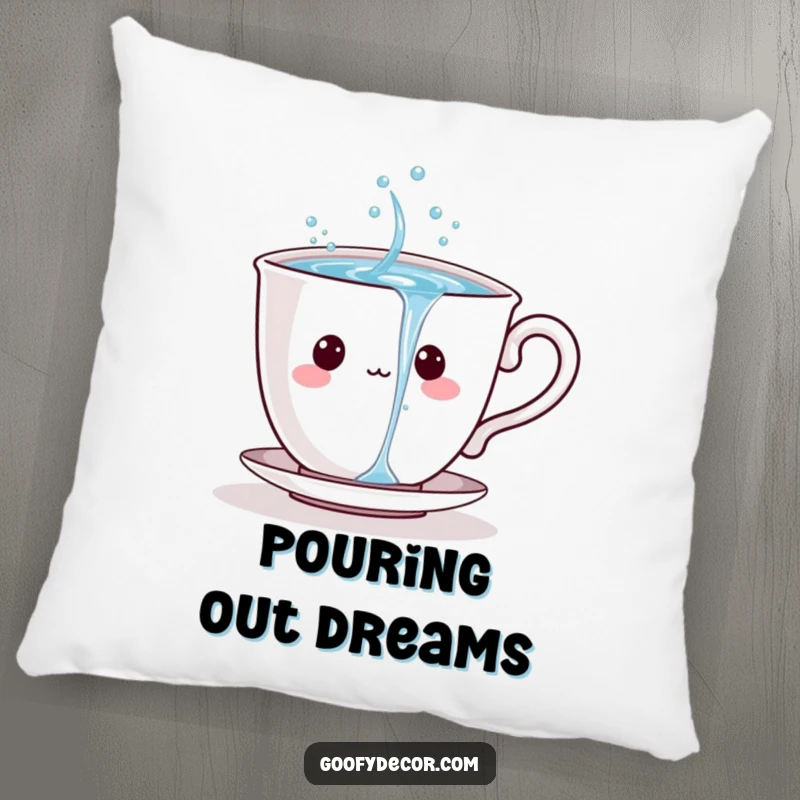 Playful teacup character pouring sparkling water, printed on a soft, decorative pillow.