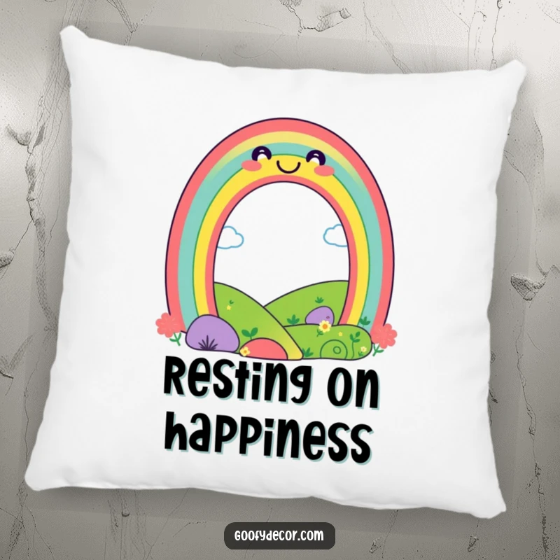 Funny rainbow pillow featuring a happy smiling rainbow over a landscape, soft and perfect for adding vibrant, cheerful comfort.