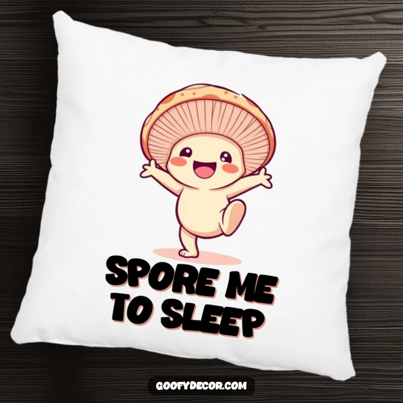 Funny pillow featuring a smiling mushroom character doing a cartwheel, offering comfort and a playful, energetic touch.