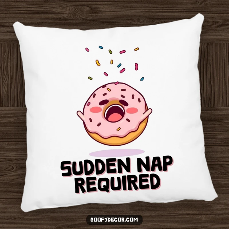 Funny pillow featuring a startled donut character with sprinkles flying off in all directions.