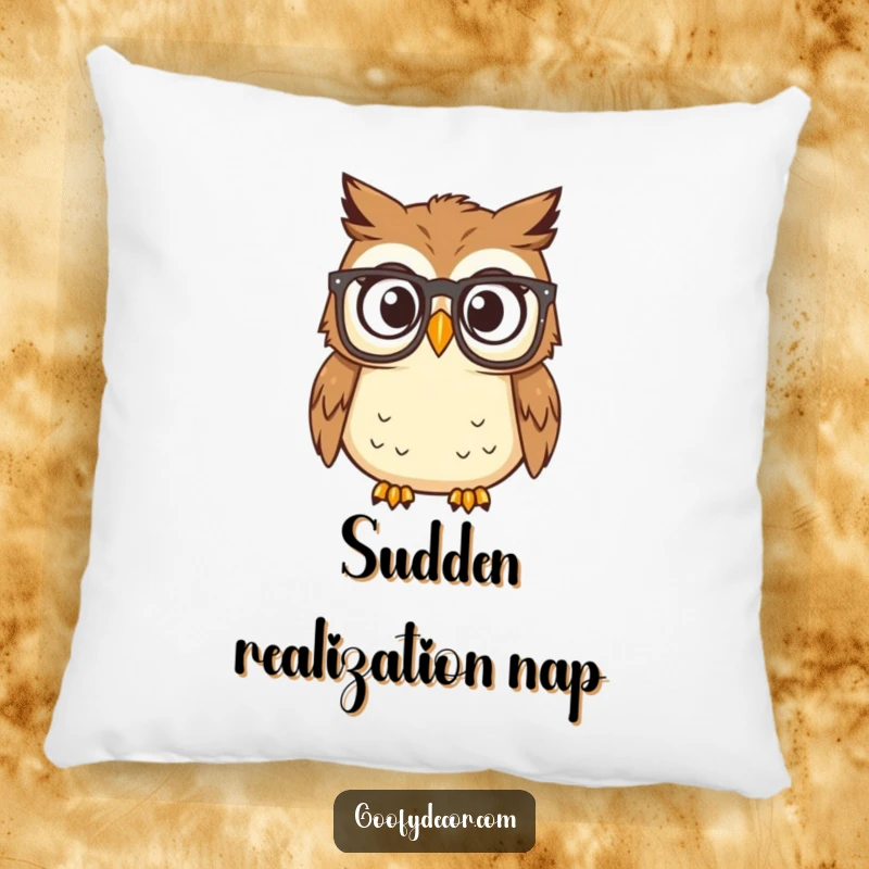 Funny owl with reading glasses looking surprised on a decorative pillow, ideal for comfort and humor.