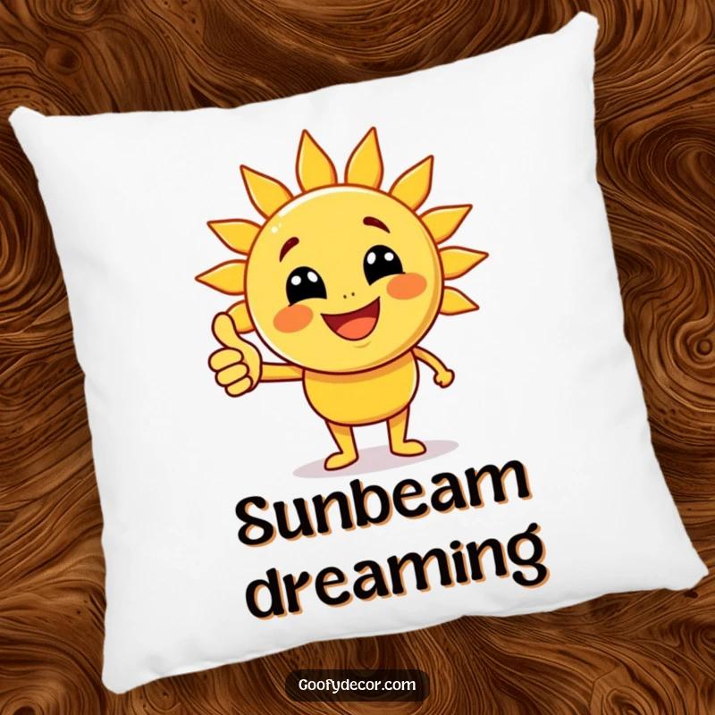 Funny joyful sun character with beaming rays giving a thumbs up on a soft pillow, adding cheerful comfort to any space.
